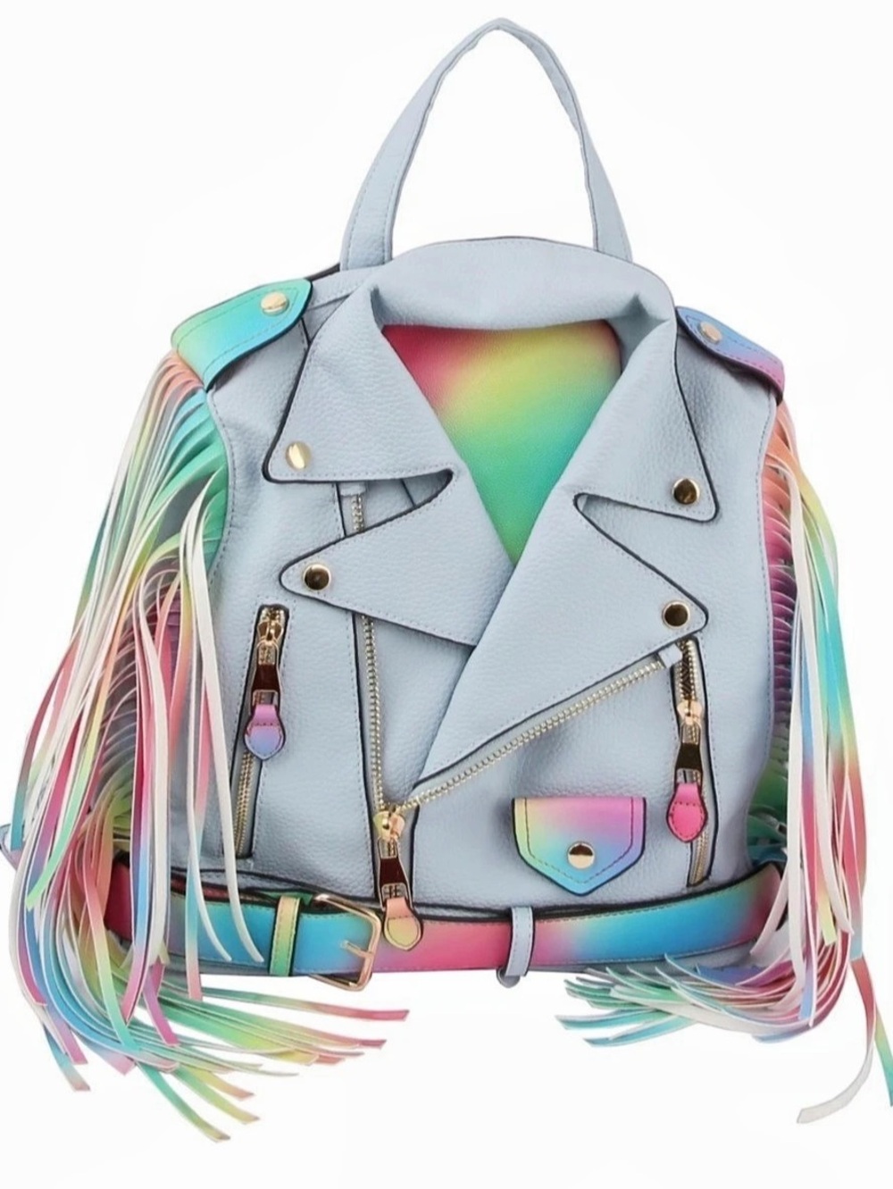 Motorcycle Jacket Rainbow Fringe Backpack in Blue & Multicolor